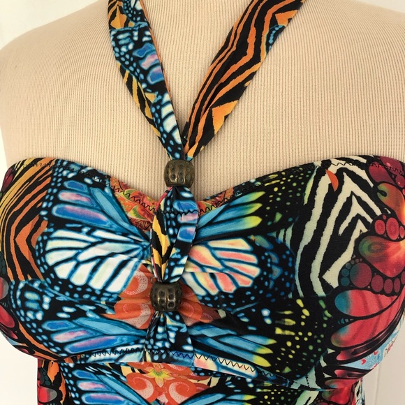 BECCA Rebecca Virtue M Bohemian Boho Butterfly Halter SWIMSUIT Tankini & Skirt - Picture 4 of 12